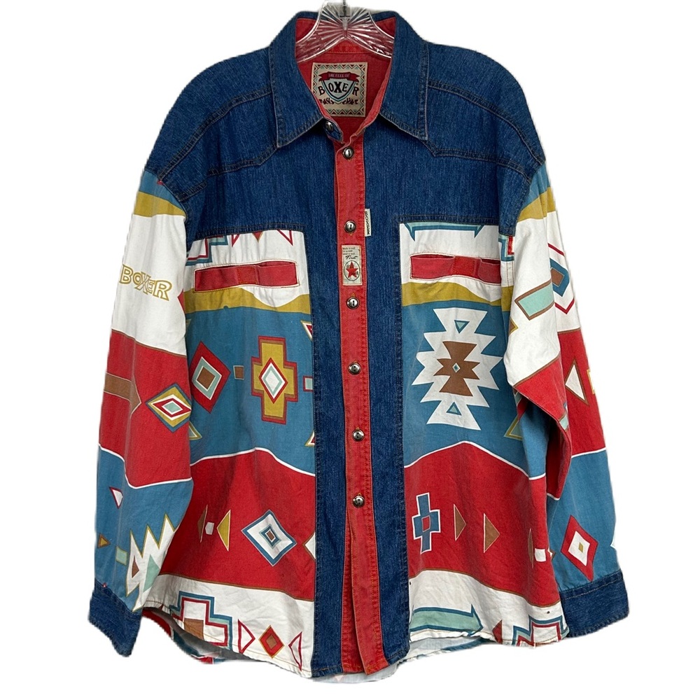 Vintage Mens Aztec Print Denim Shirt L Button‎ Up Cowboy Southwestern Festival